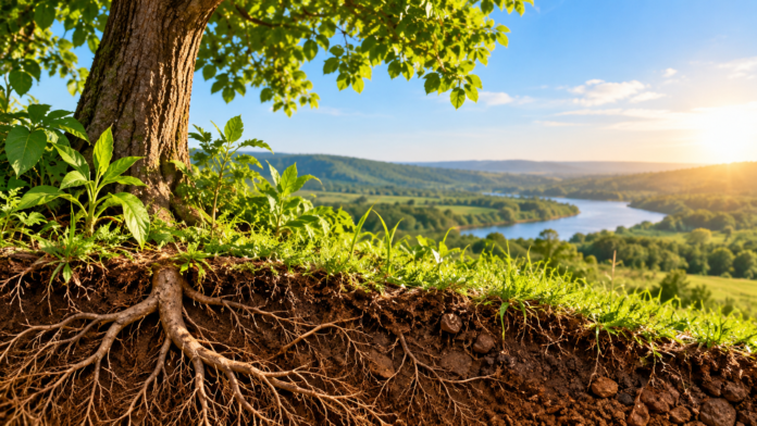 Árvores, raízes e cobertura vegetal ajudam a reduzir a erosão, controlar o escoamento da chuva e aumentar a infiltração da água no solo. Preservar a vegetação é também cuidar da terra e dos recursos hídricos.